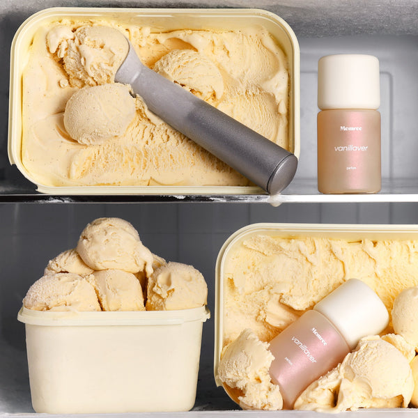 Parfum bottles among tubs of vanilla ice cream on the shelves of a freezer